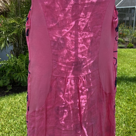 Italian 100% linen dress with navy blue embroidered detail cap sleeves, pockets - Picture 9 of 12